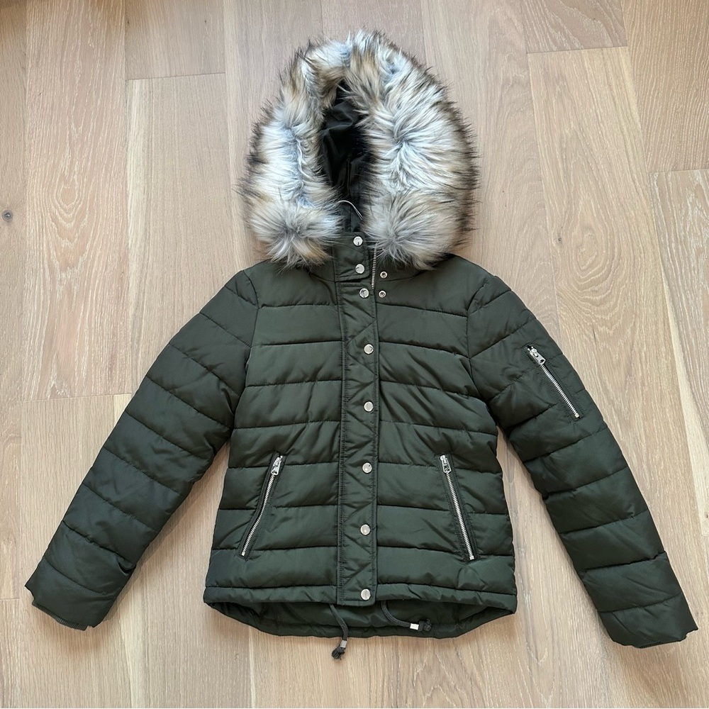 Topshop Fur Lined Puffer Coat Hood Winter Ski Jacket Womens Size Small Green - Picture 11 of 13